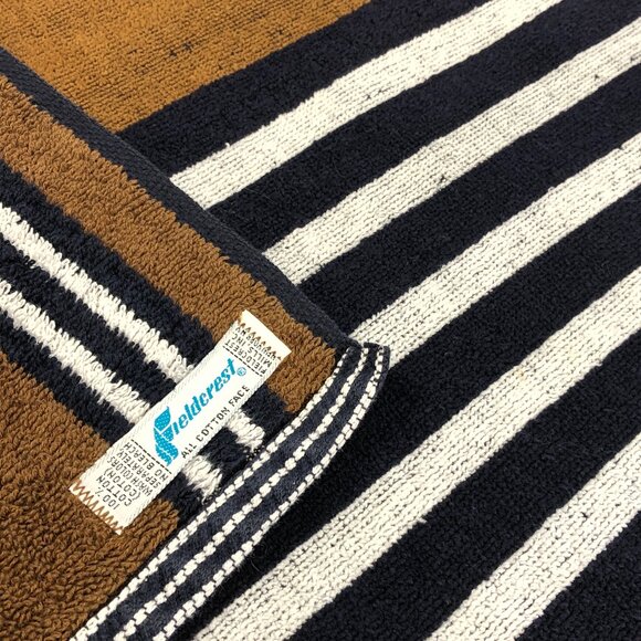 Vintage 70s FIELDCREST Set of 2 Hand Towel 16" x 25": Brown Navy White Stripes - Picture 2 of 10